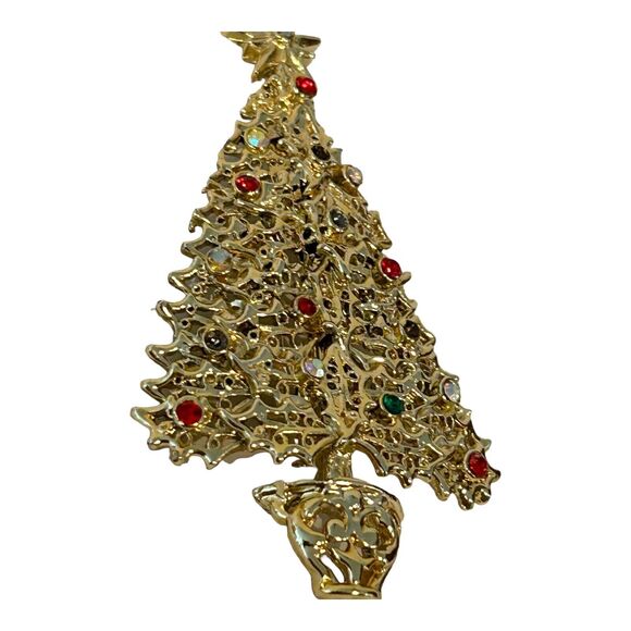 Tancer II Gold Tone Holly Multicolor Rhinestone Christmas Tree Brooch Pin - Picture 4 of 10